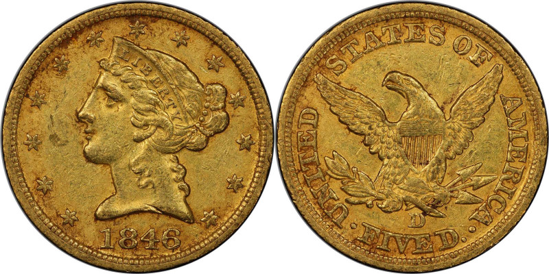 1846-D Liberty Head Half Eagle. Winter 16-K. AU-55 (PCGS).

Original surfaces ...