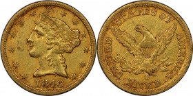1846-D Liberty Head Half Eagle. Winter 16-K. AU-55 (PCGS).

Original surfaces exhibit pale pinkish-rose peripheral highlights on dominant deep gold ...