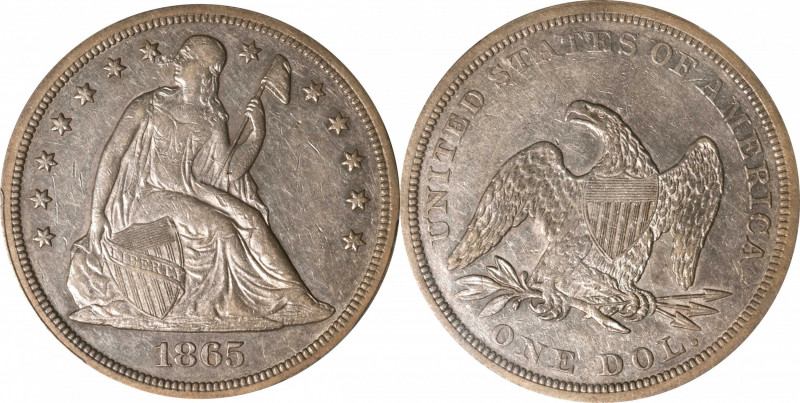 1865 Liberty Seated Silver Dollar. OC-4. Top 30 Variety. Rarity-4+. Bar 6. EF-45...