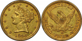 1846-D/D Liberty Head Half Eagle. Winter 15-L. AU-55 (PCGS). CAC.

This satiny medium gold example exhibits tinges of pale olive and orange. The app...