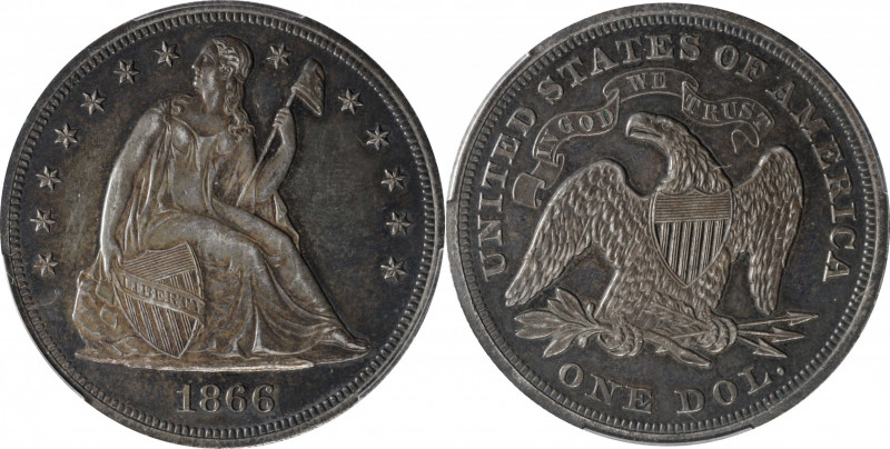 1866 Liberty Seated Silver Dollar. Motto. Proof-55 (PCGS).

A handsome, undeni...