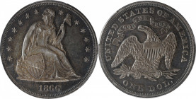 1866 Liberty Seated Silver Dollar. Motto. Proof-55 (PCGS).

A handsome, undeniably original specimen dressed in rich steely-charcoal patina. Both si...