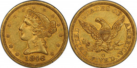 1846-O Liberty Head Half Eagle. Winter-3. AU-55 (PCGS). CAC.

Rich orange-olive color blends with considerable mint luster on both sides of this att...
