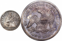 1868 Liberty Seated Silver Dollar. Proof-64 (PCGS).

Medium blue-gray toning on both sides in a somewhat mottled fashion, and a bit hazy as these ea...