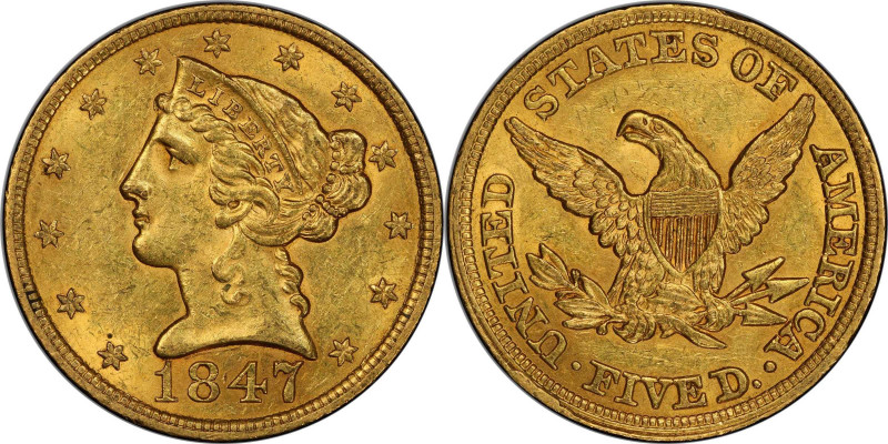 1847 Liberty Head Half Eagle. MS-62 (PCGS). CAC.

Vivid golden-orange surfaces...