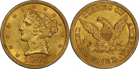 1847 Liberty Head Half Eagle. MS-62 (PCGS). CAC.

Vivid golden-orange surfaces are enhanced by tinges of peripheral pinkish-rose. Modest semi-reflec...