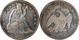 1869 Liberty Seated Silver Dollar. OC-P4. Rarity-5. Repunched Date, Misplaced Date, Doubled Die Reverse. Proof-60 (PCGS).

One of the more dramatic ...