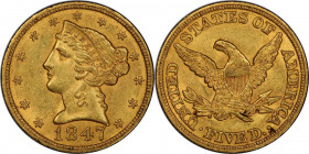 1847 Liberty Head Half Eagle. Breen-6570. Repunched Date. AU-58+ (PCGS). CAC.

A fully original example with warm olive-orange color and plenty of m...