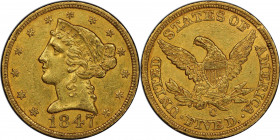 1847-C Liberty Head Half Eagle. Winter-1. AU-55 (PCGS). CAC.

Far more attractive than typically offered for this Charlotte Mint half eagle. We note...