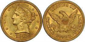 1848 Liberty Head Half Eagle. MS-61 (PCGS).

A beautiful golden-honey example that features lively mint luster and bold striking detail. The 1848 is...
