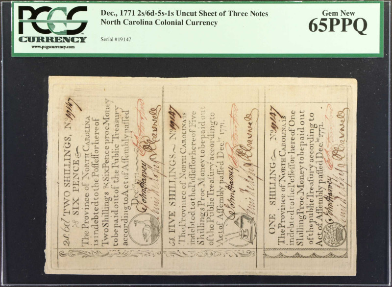 North Carolina. Uncut Sheet of (3) Notes. December 1771. 2s/6d-5s-1s. PCGS Curre...