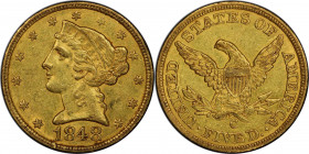 1848-C Liberty Head Half Eagle. Winter-1, the only known dies. AU-58 (PCGS). CAC.

Faint traces of semi-prooflike reflectivity in the fields give wa...
