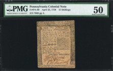 PA-99. Pennsylvania. April 25, 1759. 15 Shillings. PMG About Uncirculated 50.

No. 7003, Plate A. Printed by Benjamin Franklin and David Hall. This ...