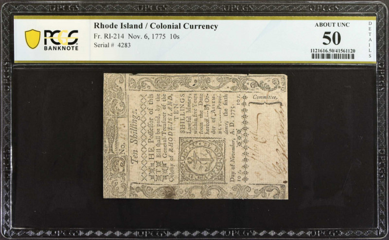 RI-214. Rhode Island. November 6, 1775. 10 Shillings. PCGS Banknote About Uncirc...
