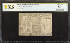 RI-214. Rhode Island. November 6, 1775. 10 Shillings. PCGS Banknote About Uncirculated 50 Details. Small Repairs, Small Edge Tear.

No. 4283. Well s...