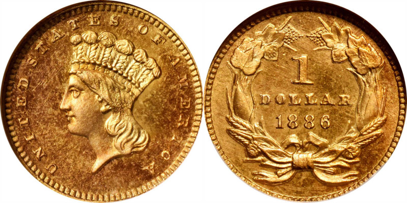 1886 Gold Dollar. JD-2. Rarity-6-. Low Date. Proof-66 Cameo (NGC).

This is a ...