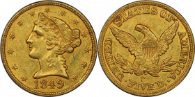 1849-C Liberty Head Half Eagle. Winter-1. Die State II. MS-60 (PCGS). CAC.

Satiny olive-gold surfaces display tinges of intermingled rose-orange co...