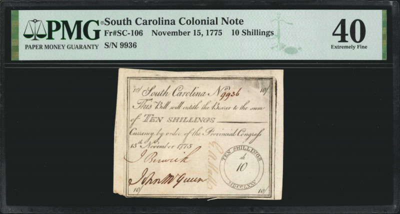 SC-106. South Carolina. November 15, 1775. 10 Shillings. PMG Extremely Fine 40....