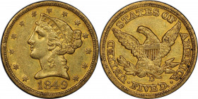 1849-D Liberty Head Half Eagle. Winter 22-L. AU-55 (PCGS). CAC.

This boldly to sharply struck half eagle exhibits little wear to surfaces that show...