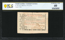 SC-123. South Carolina. March 6, 1776. 2 Pounds, 5 Shillings. PCGS Banknote Extremely Fine 40 Details. Small Repaired Edge Splits.

No. 3055. Signed...