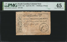 SC-148. South Carolina. April 10, 1778. 7 Shillings, 6 Pence. PMG Choice Extremely Fine 45.

No. 432. Signed by John Beale and John Peronneau. Print...