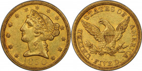 1850 Liberty Head Half Eagle. AU-58 (PCGS). CAC.

Attractive surfaces are near-fully lustrous with tinges of silver-olive and pale pink accenting do...