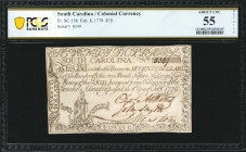SC-156. South Carolina. February 8, 1779. $70. PCGS Banknote About Uncirculated 55 Details. Repaired Ink Erosion.

No. 8349. Signed by Charles Atkin...