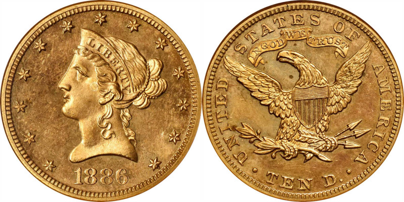 1886 Liberty Head Eagle. JD-1. Rarity-6. Proof-67 Cameo (NGC).

This incredibl...