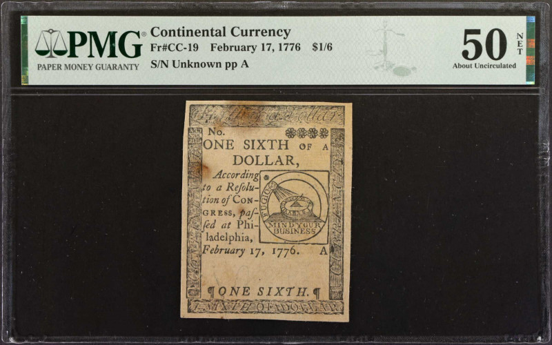 CC-19. Continental Currency. February 17, 1776. $1/6. PMG About Uncirculated 50 ...