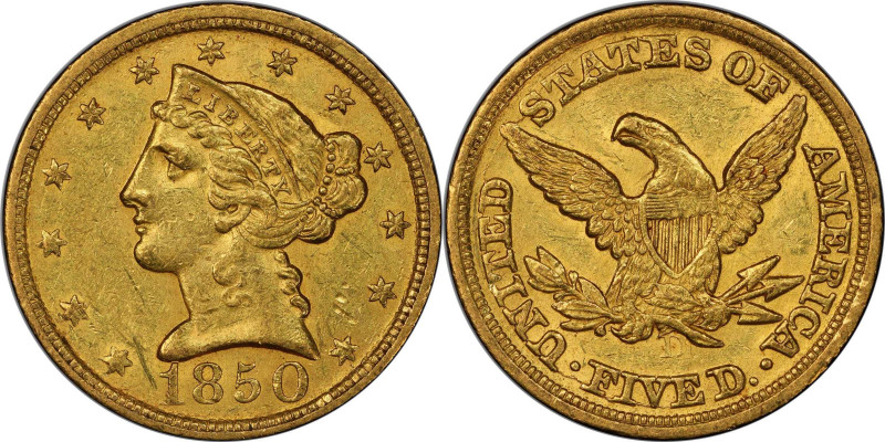 1850-D Liberty Head Half Eagle. Winter 23-O. AU-58 (PCGS). CAC.

A lustrous, s...