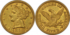 1850-D Liberty Head Half Eagle. Winter 23-O. AU-58 (PCGS). CAC.

A lustrous, softly frosted example that exhibits attractively original color in eve...