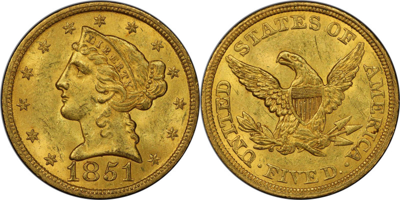 1851 Liberty Head Half Eagle. MS-63 (PCGS).

Here is an attractive and seldom ...