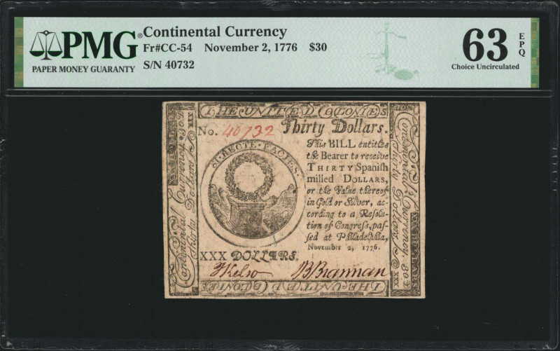 CC-54. Continental Currency. November 2, 1776. $30. PMG Choice Uncirculated 63 E...