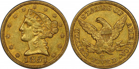 1851-C Liberty Head Half Eagle. Winter-2. AU-53 (PCGS).

Rich olive-orange color blankets surfaces that display semi-prooflike reflectivity in the f...