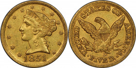 1851-D Liberty Head Half Eagle. Winter 25-Unlisted. AU-55 (PCGS). CAC.

An exciting example of the issue, this is an original, CAC-approved Choice A...