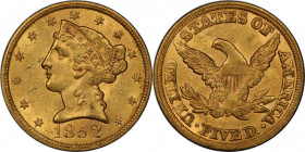 1852 Liberty Head Half Eagle. MS-62 (PCGS). CAC.

Frosty rose-gold surfaces are supremely attractive with a very smooth appearance for the assigned ...