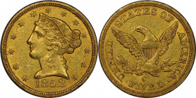 1852-C Liberty Head Half Eagle. Winter-1. AU-55+ (PCGS). CAC.

Attractive deep olive-orange surfaces lighten to medium gold under a light. There is ...