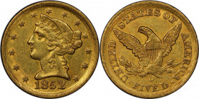 1852-D Liberty Head Half Eagle. Winter 27-S. AU-55 (PCGS). CAC.

A wonderfully original example bathed in rich olive-gold and pinkish-gold colors. T...
