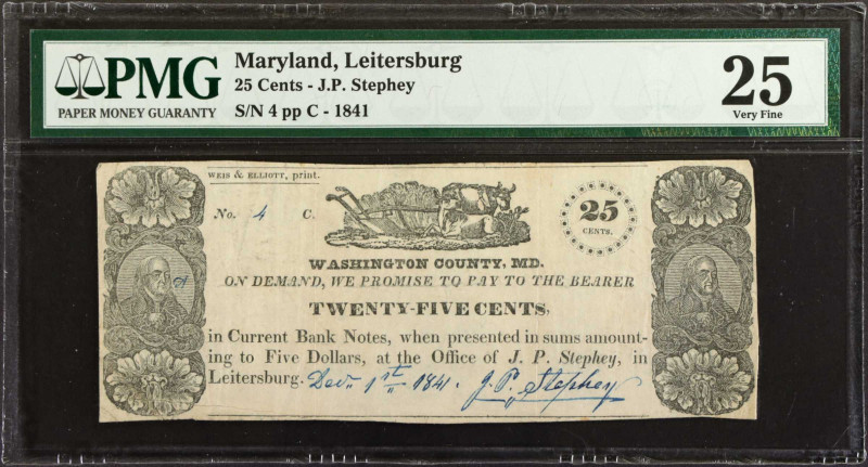 Leitersburg, Maryland. J.P. Stephey. 1841. 25 Cents. PMG Very Fine 25.

Shank ...