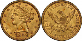 1853 Liberty Head Half Eagle. MS-61 (PCGS). CAC.

Glints of reddish-rose iridescence enliven otherwise golden-apricot surfaces. Both sides are fully...