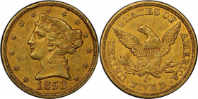 1853-C Liberty Head Half Eagle. Winter-1. Die State IV. AU-55 (PCGS). CAC.

Deep honey-olive color displays blended khaki-orange patina. A touch of ...