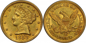 1853-D Liberty Head Half Eagle. Winter 29-V. Large D. MS-61 (PCGS).

Here is a rare and highly desirable Mint State Dahlonega half eagle. Attractive...