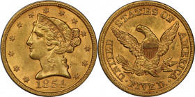 1854 Liberty Head Half Eagle. MS-63 (PCGS).

Noteworthy preservation is notable on this otherwise readily obtainable 1850s half eagle issue. Blended...