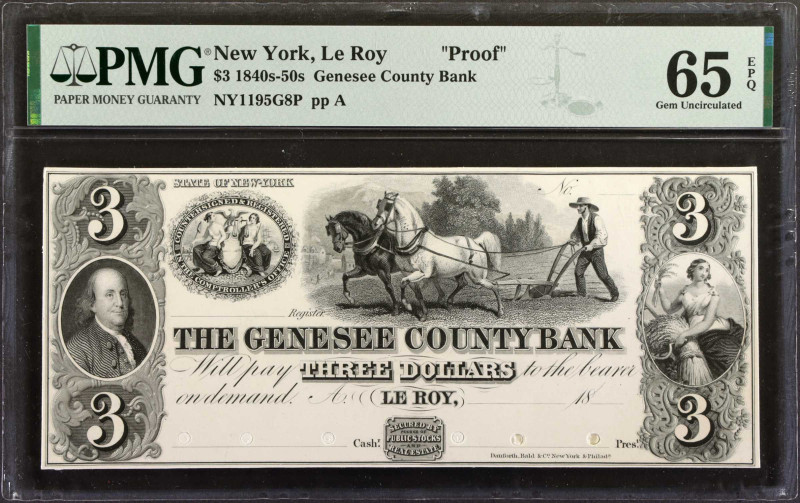 Le Roy, New York. Genesee County Bank. 1840s-50s. $3. PMG Gem Uncirculated 65 EP...