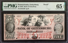 Gettysburg, Pennsylvania. Bank of Gettysburg. 1850s. $5. PMG Gem Uncirculated 65 EPQ. Proof.

(PA-155 G32) Plate B. Four POCs. Printed on India pape...