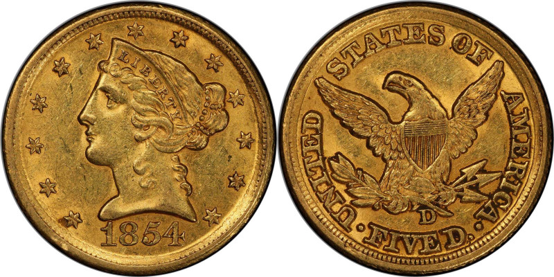 1854-D Liberty Head Half Eagle. Winter 30-X. Large D. AU-58 (PCGS). CAC.

Pret...