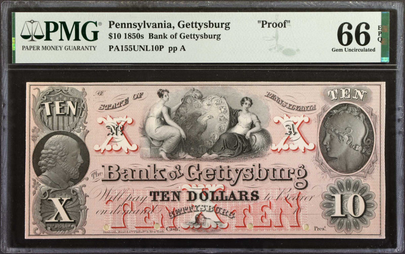 Gettysburg, Pennsylvania. Bank of Gettysburg. 1850's. $10. PMG Gem Uncirculated ...