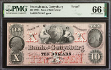 Gettysburg, Pennsylvania. Bank of Gettysburg. 1850's. $10. PMG Gem Uncirculated 66 EPQ. Proof.

(PA-155 G48) Plate A. Four POCs. Printed on India pa...