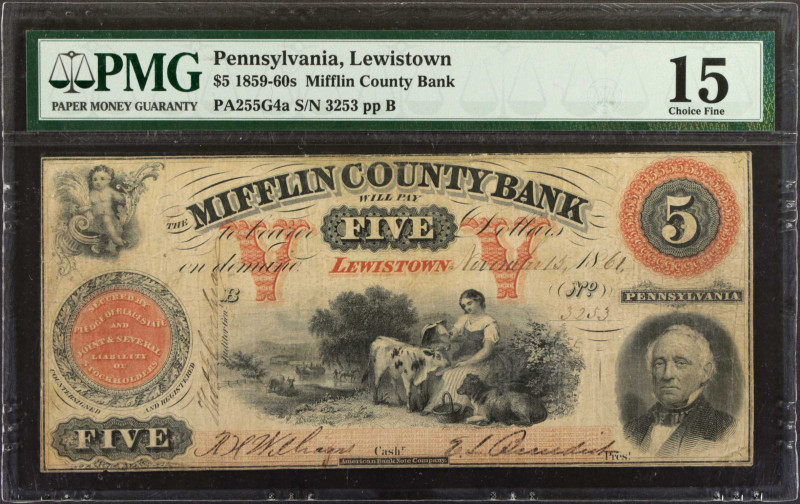 Lewistown, Pennsylvania. Mifflin County Bank. 1859-60's. $5. PMG Choice Fine 15....