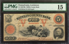 Lewistown, Pennsylvania. Mifflin County Bank. 1859-60's. $5. PMG Choice Fine 15.

(PA-255 G4a) Plate B. ABNC. Printed in black with red-brown tints....